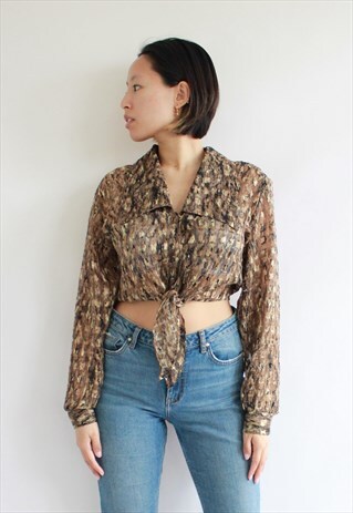 VINTAGE GOLD BROWN SHEER PRINT BLOUSE