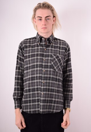 MENS VINTAGE FLANNE SHIRT MEDIUM GREY CHECK 90S