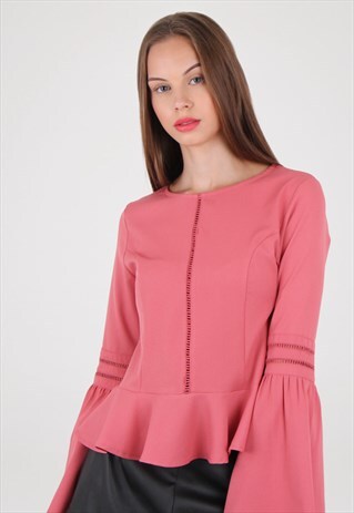 PINK LADDER TRIM BELL SLEEVE PEPLUM TOP