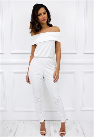 WOMENS LADIES OFF SHOULDER BARDOT WHITE SKINNY JUMPSUIT
