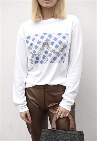 NUDE ETHICS ORGANIC EMBROIDERED CHECK WHITE LONG SLEEVE TEE