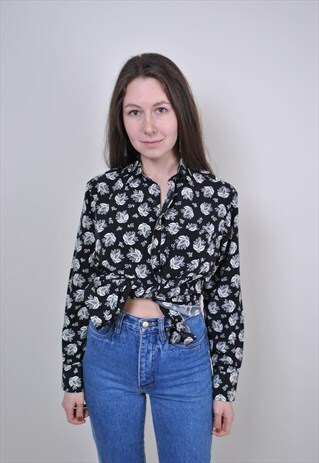 90S BLACK FLORAL BLOUSE, VINTAGE LONG SLEEVE SPRING SHIRT