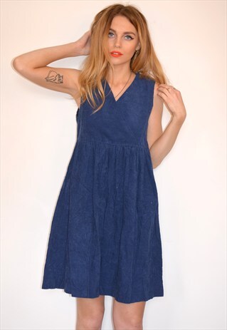 VINTAGE 70S BLUE CORDUROY PINAFORE MINI DRESS