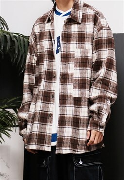 Brown check Brushed flannel Oversized Shirt Y2k