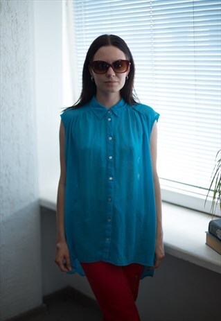 VINTAGE 80'S BRIGHT BLUE ASYMMETRIC SLEEVELESS BLOUSE