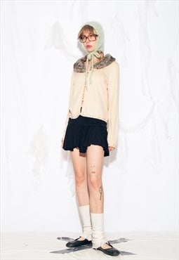 Vintage Y2K Fur Collar Cardigan in Beige