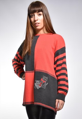 VINTAGE ABSTRACT COLOUR BLOCK EMBROIDERED JUMPER