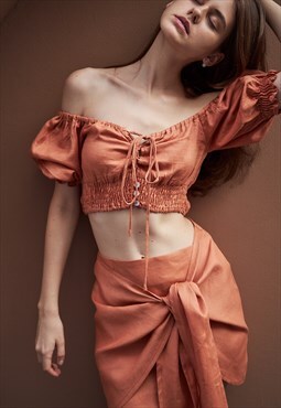 RICOCHET terracotta linen wrap waist mini skirt 