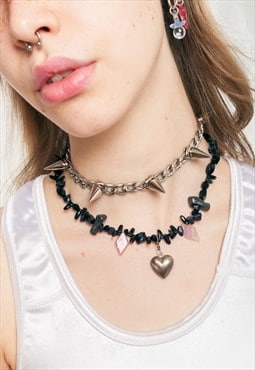 Reworked Nacklace Y2K Handmade Gemstone Heart Choker