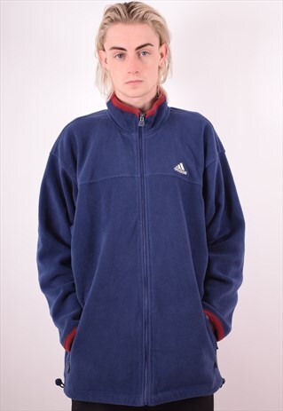 ADIDAS MENS VINTAGE FLEECE JACKET LARGE NAVY BLUE 90S