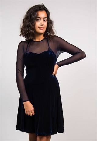 VINTAGE 90'S DARK BLUE MESH VELVET MINI DRESS