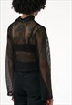 MESHED BLACK LONG SLEEVED POLO TOP