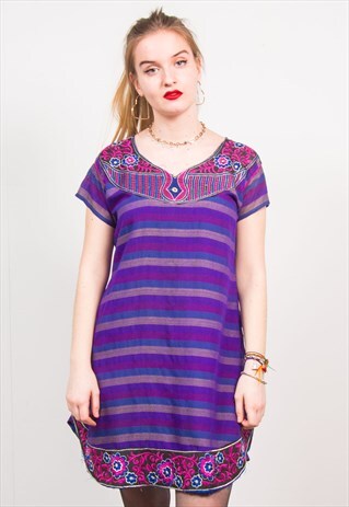VINTAGE 90'S STRIPED FLORAL EMBROIDERED SHIRT TUNIC DRESS