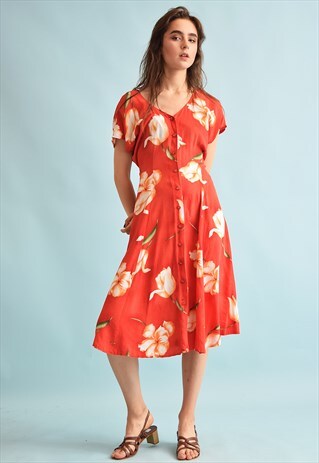 90'S RETRO FLORAL PRINT FESTIVAL MIDI MOMS DRESS