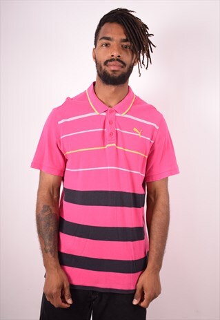 PUMA MENS VINTAGE POLO SHIRT XL PINK STRIPES 90S