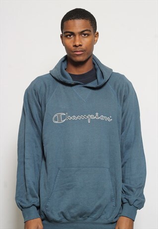 VINTAGE CHAMPION PRINT LOGO HOODIE BLUE