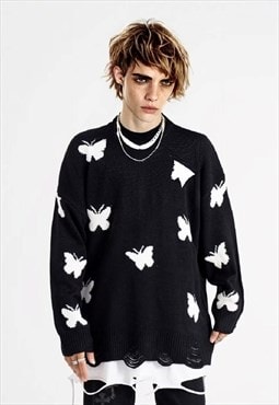 Butterfly sweater ripped jumper Grunge knitwear top in black