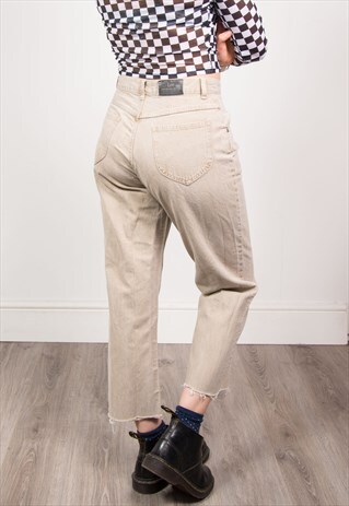VINTAGE 90'S BEIGE DENIM HIGH WAIST FRAYED HEM MOM JEANS