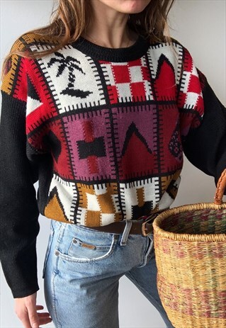 VINTAGE 80S ABSTRACT GRAPHIC PATTERN KNIT JUMPER MULTICOLOUR