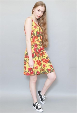 VINTAGE 1990'S YELLOW & RED TROPICAL PRINT PLAYSUIT.