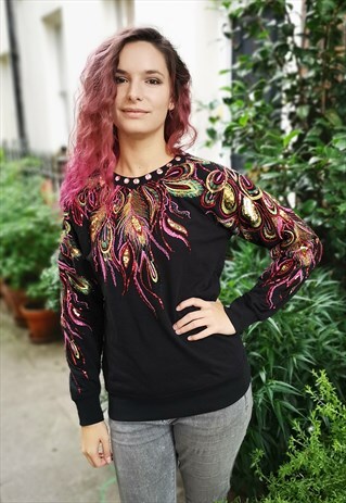 HAND STITCHED PINK PEACOCK LACE APPLIQUE BEADED BLACK JUMPE