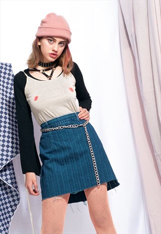 REWORKED VINTAGE DENIM SKIRT 90S HIGH-WAISTED CROPPED SKIRT