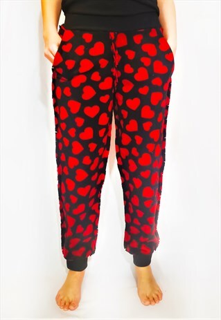 BLACK RED LOVE HEARTS FLEECE LOUNGEWEAR SWEATPANTS