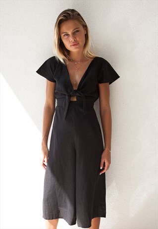 TIE FRONT LINEN JUMPSUIT WIDE LEG CULOTTE BLACK