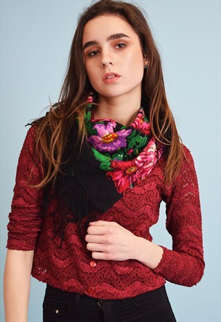 VINTAGE 70'S RETRO FLORAL PATTERN FRINGED SCARF SHAWL
