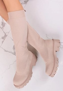 justyouroutfit Beige Chunky Sole Sock Boots 