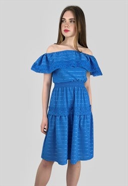 70's Vintage Blue Ladies Prairie Lace Off Shoulder Dress