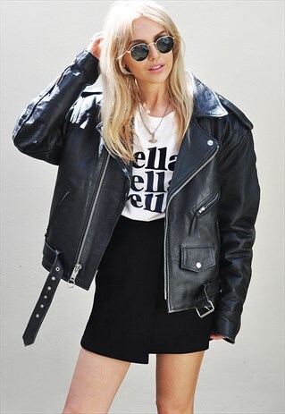 VINTAGE BLACK LEATHER OVERSIZED MOTORCYCLE BIKER JACKET