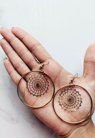 JUHLA BIG HOOP EARRINGS BRASS SPIDER WEB DESIGN NICKLE FREE