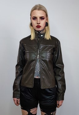 Faux leather jacket racing bomber retro varsity in brown