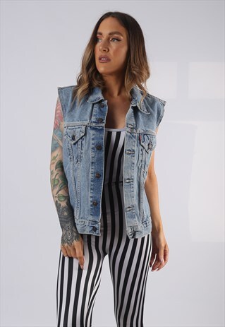 VINTAGE DENIM WAISTCOAT JACKET FITTED UK 10 SMALL (D1U)
