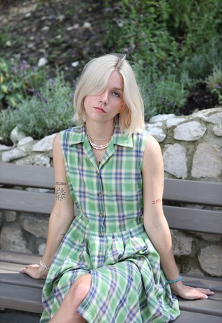 VINTAGE 90'S CHECK PATTERN SLEEVELESS MIDI DRESS GREEN