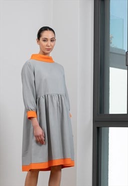 Grey and Orange Linen Dress With Turtleneck