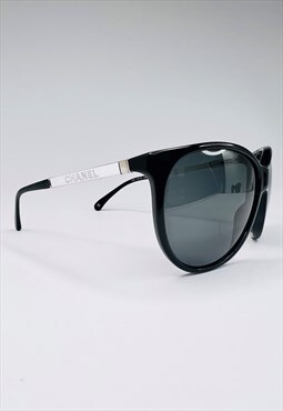 Chanel Oversized Sunglasses Round Black Silver Mirror Logo
