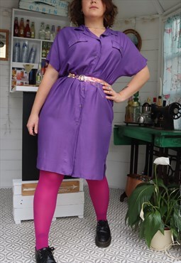 Vintage 80s Bright Monochrome Plain Purple V Shirt Dress
