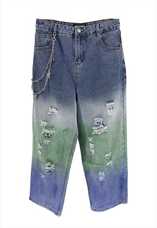 GRADIENT GRAFFITI PAINTED CHAIN JEANS TIE DYE DENIM OVERALLS