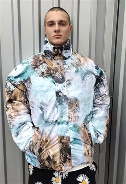 Earth print bomber Abstract mountain north puffer jacket 