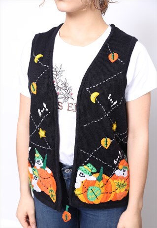 VINTAGE 90S HALLOWEEN PUMPKIN JUMPER WAISTCOAT