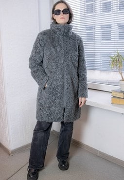 Vintage 80's grey High Collar Faux Fur Coat