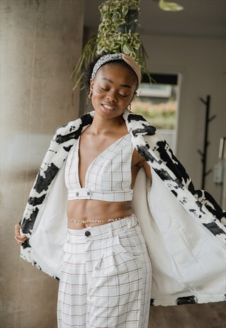 WHITE AND BROWN BLAZER STYLE BRALETTE TOP