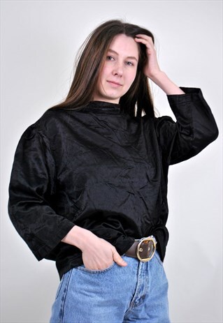 HIGH NECK BLACK BRIGHT BLOUSE, EVENING PARTY SHIRT