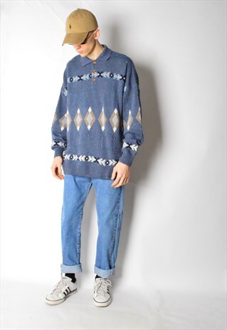 VINTAGE 90S BLUE AZTEC KNIT WOOL BLEND JUMPER