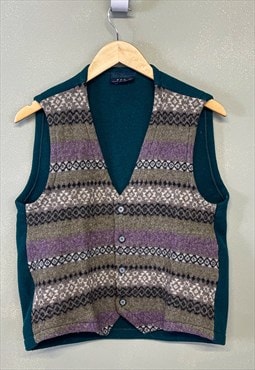 Vintage Fleece Vest Button Up Multicolour V-Neck