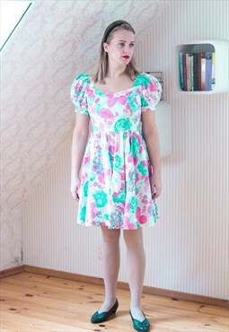 Bright floral puff sleeve cotton dress