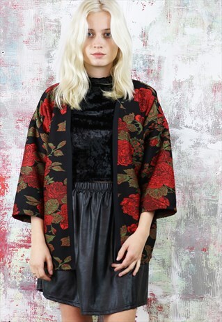 KIMONO STYLE CARDIGAN IN BLACK WITH A ROSE PATTERN