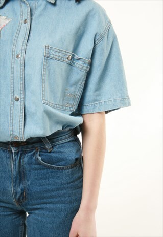 RETRO DENIM SHORT SLEEVES FLORAL SHIRT BLOUSE 253